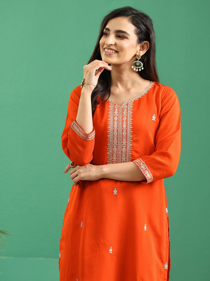 Libas Orange Yoke Embroidered Silk Blend Straight Kurta