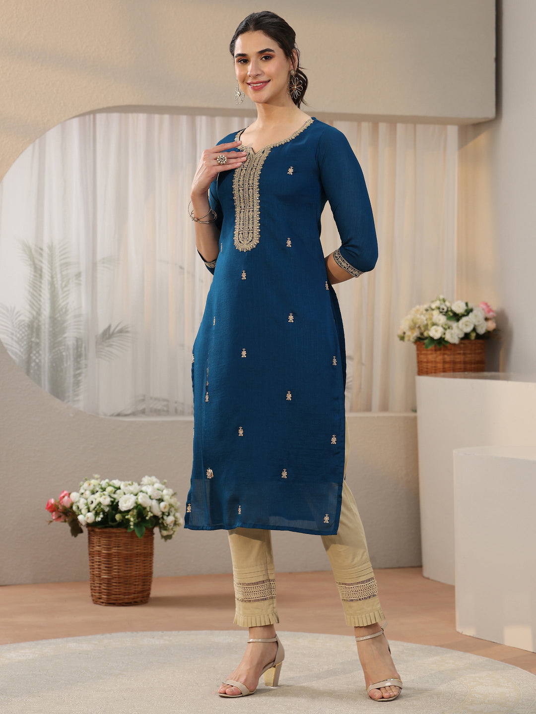 Libas Teal Blue Embroidered Silk Blend Straight Kurta