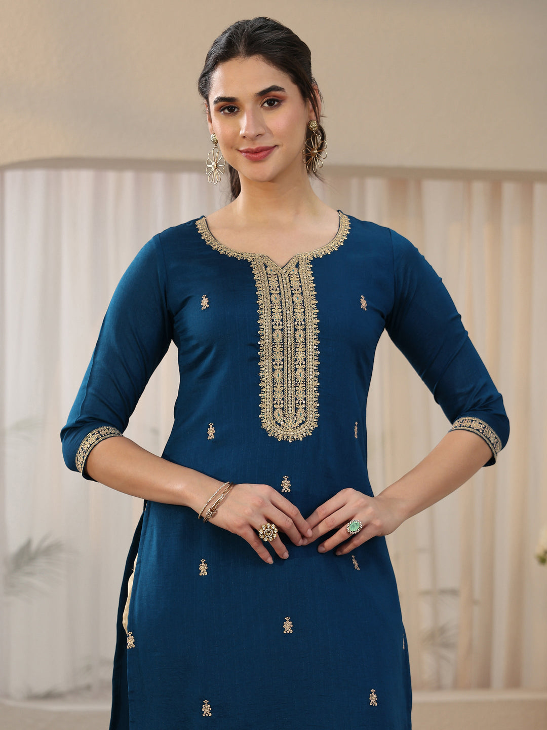 Libas Teal Blue Embroidered Silk Blend Straight Kurta