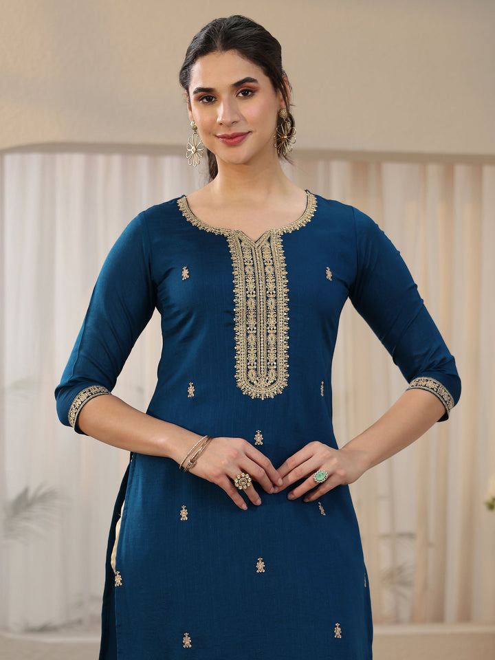 Libas Teal Blue Embroidered Silk Blend Straight Kurta