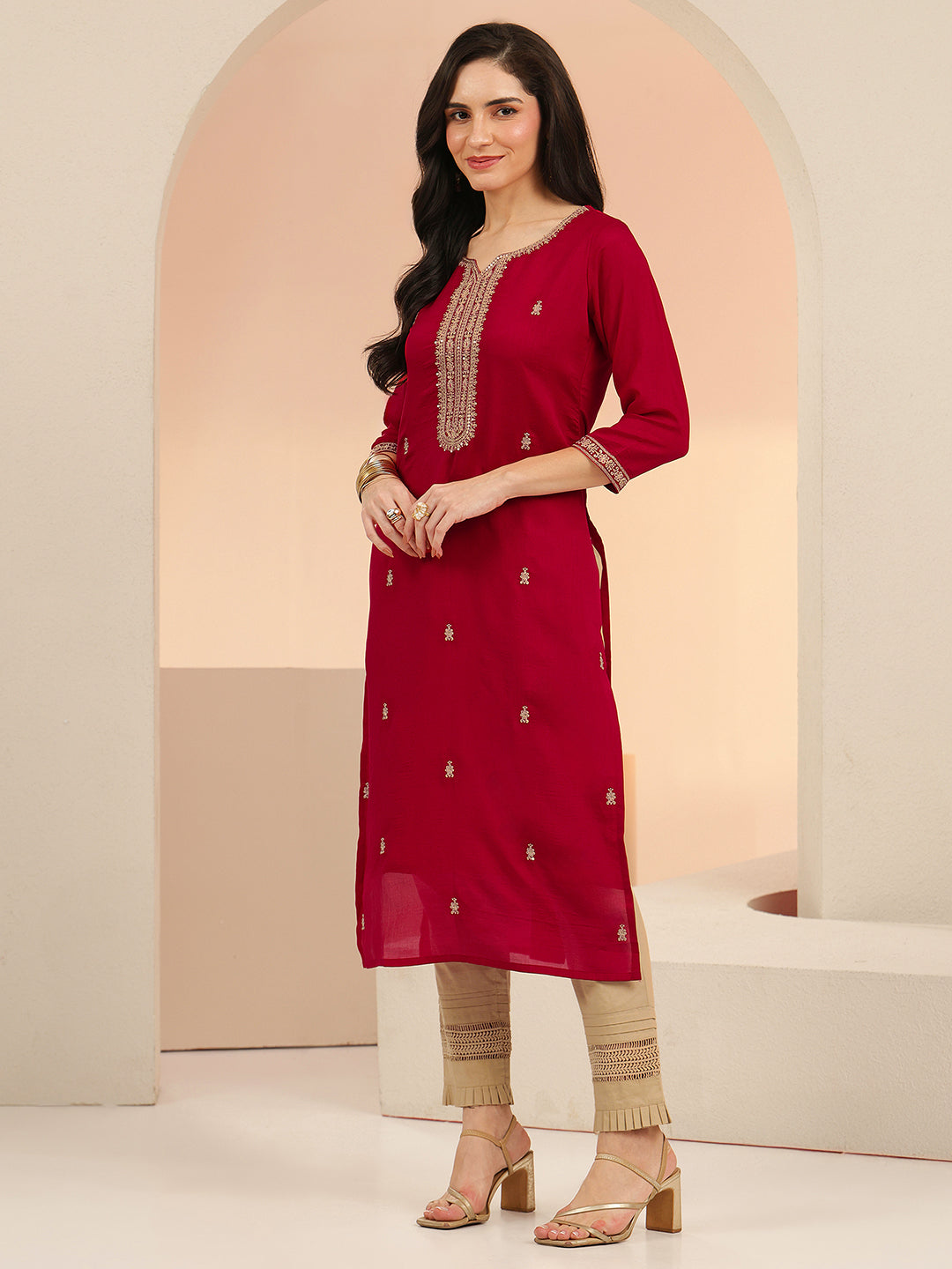 Libas Maroon Embroidered Silk Blend Straight Kurta