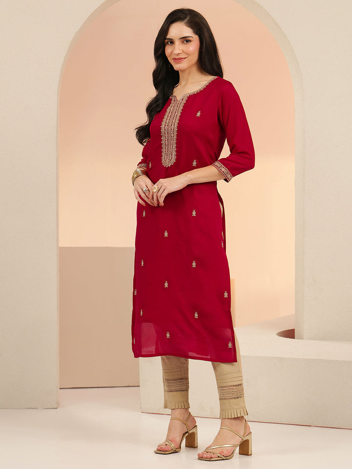 Libas Maroon Embroidered Silk Blend Straight Kurta
