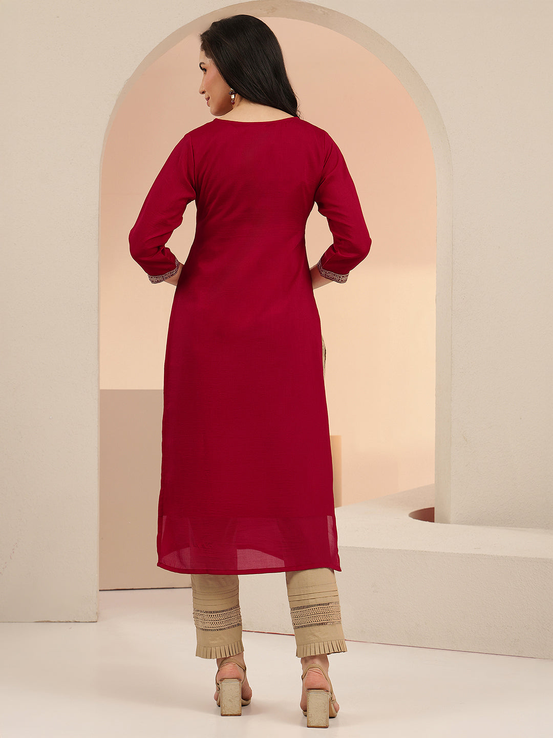 Libas Maroon Embroidered Silk Blend Straight Kurta