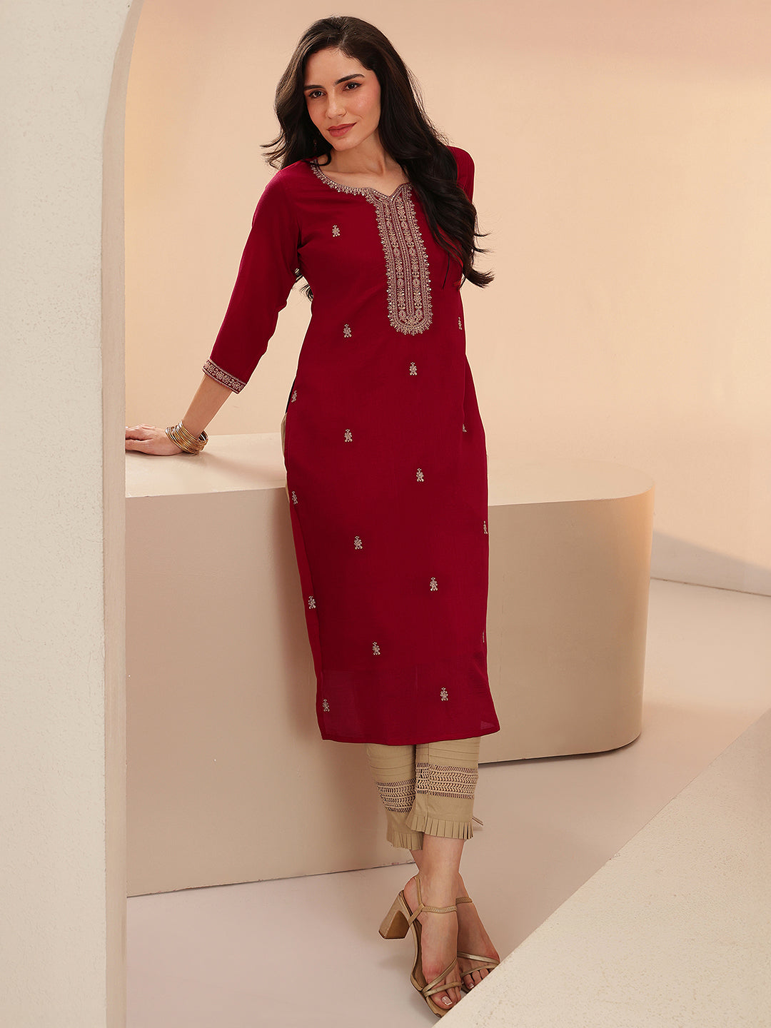 Libas Maroon Embroidered Silk Blend Straight Kurta
