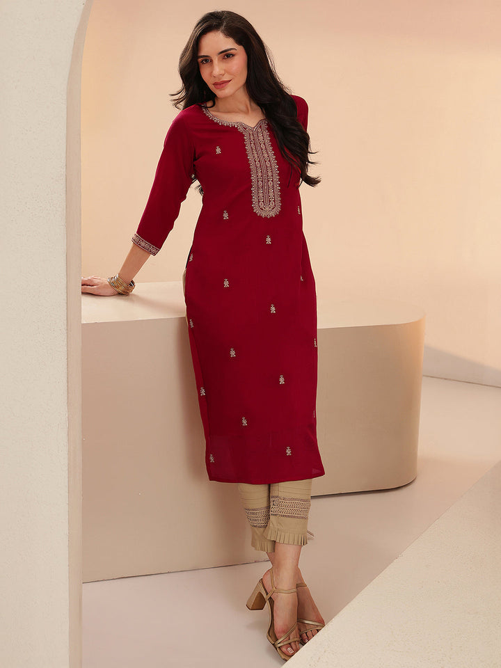 Libas Maroon Embroidered Silk Blend Straight Kurta