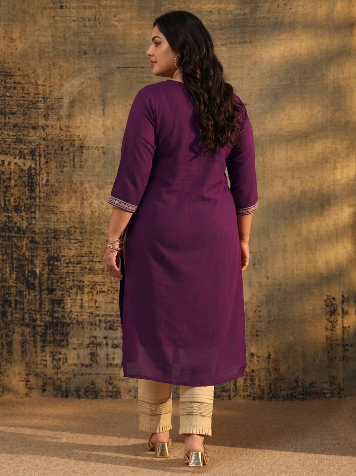 Plus Size Dark Purple Embroidered Silk Blend Straight Kurta