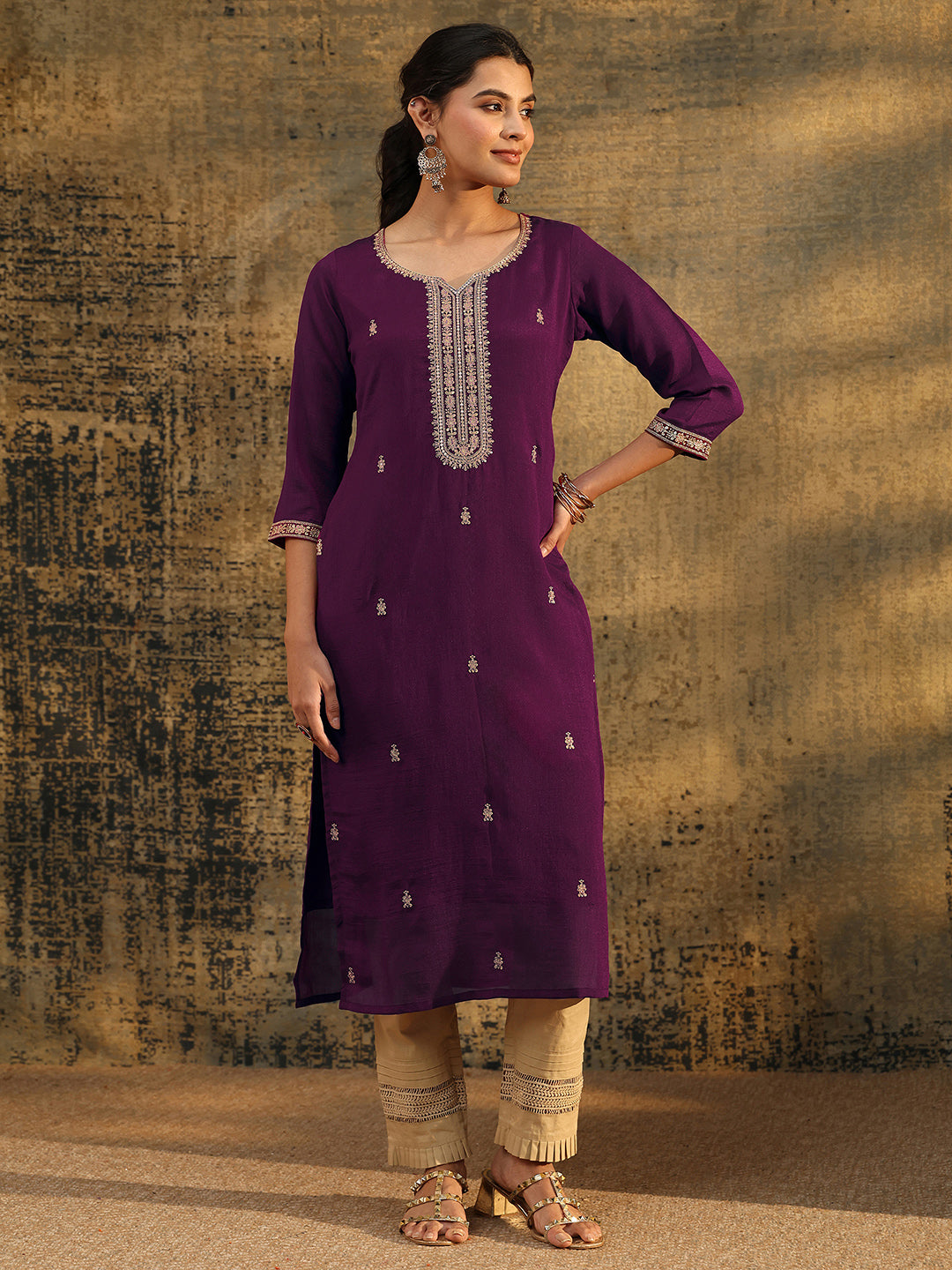 Libas Dark Purple Embroidered Silk Blend Straight Kurta