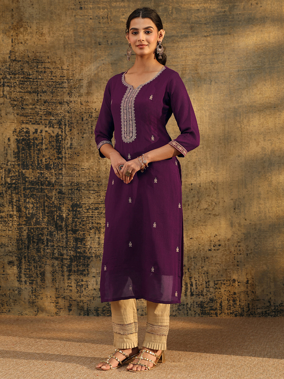 Libas Dark Purple Embroidered Silk Blend Straight Kurta