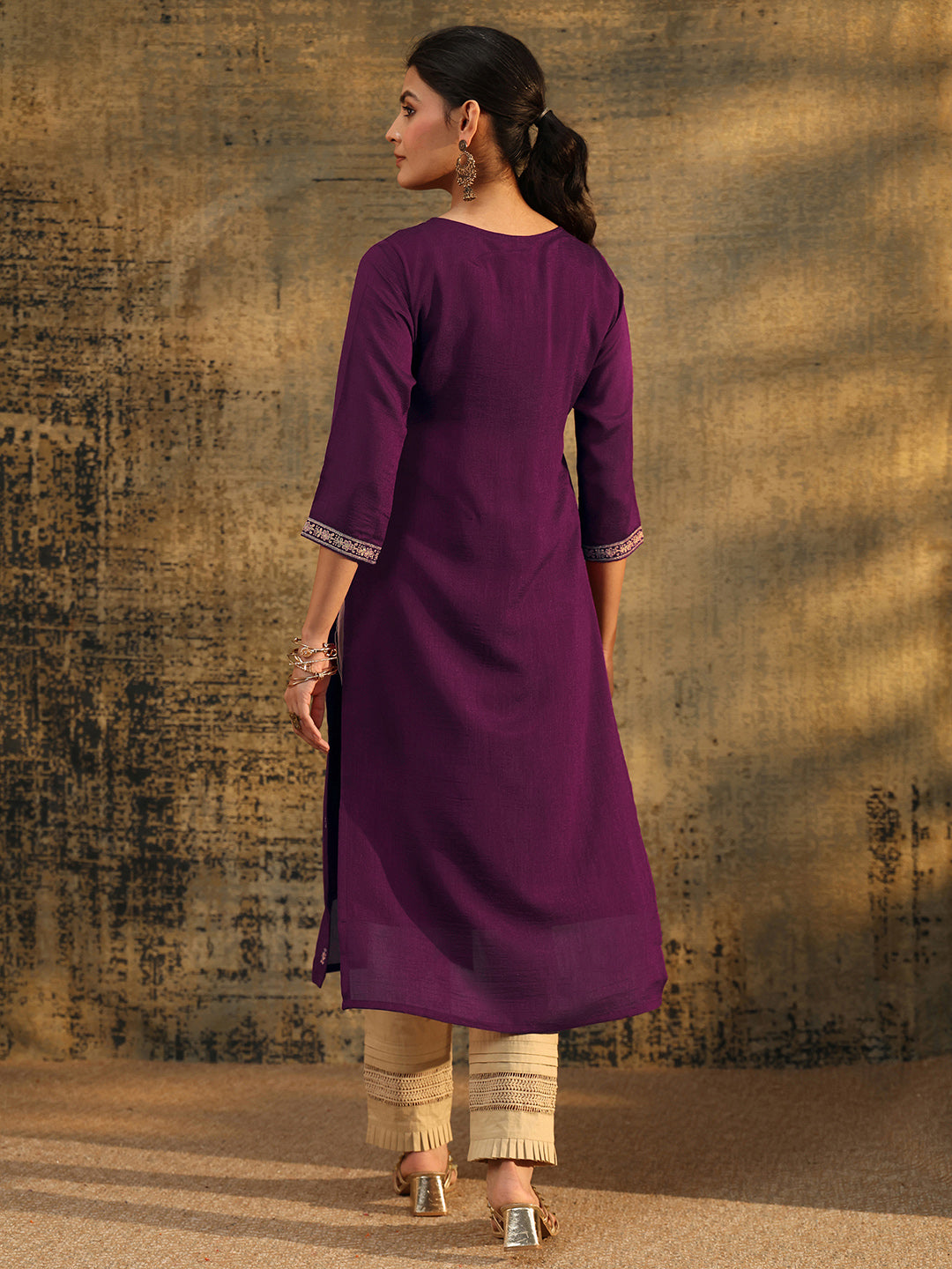 Libas Dark Purple Embroidered Silk Blend Straight Kurta