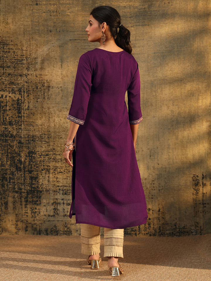 Libas Dark Purple Embroidered Silk Blend Straight Kurta