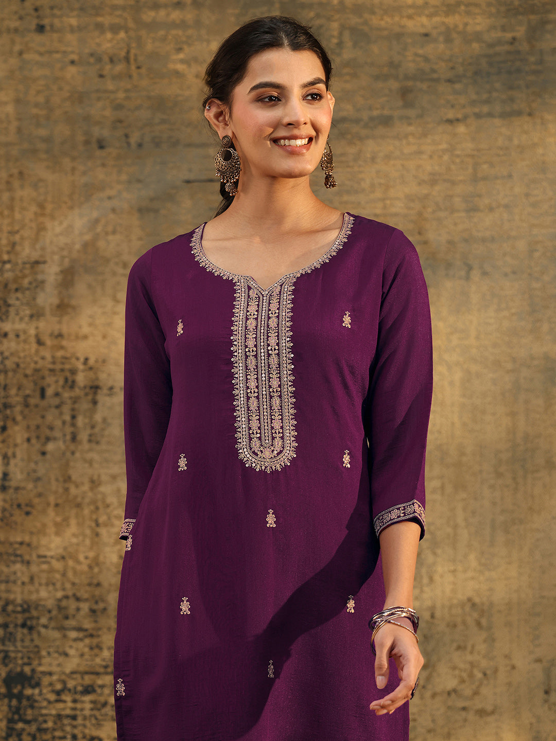 Libas Dark Purple Embroidered Silk Blend Straight Kurta
