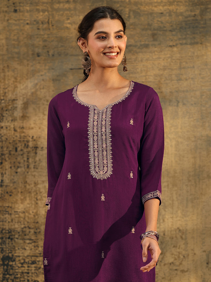 Libas Dark Purple Embroidered Silk Blend Straight Kurta