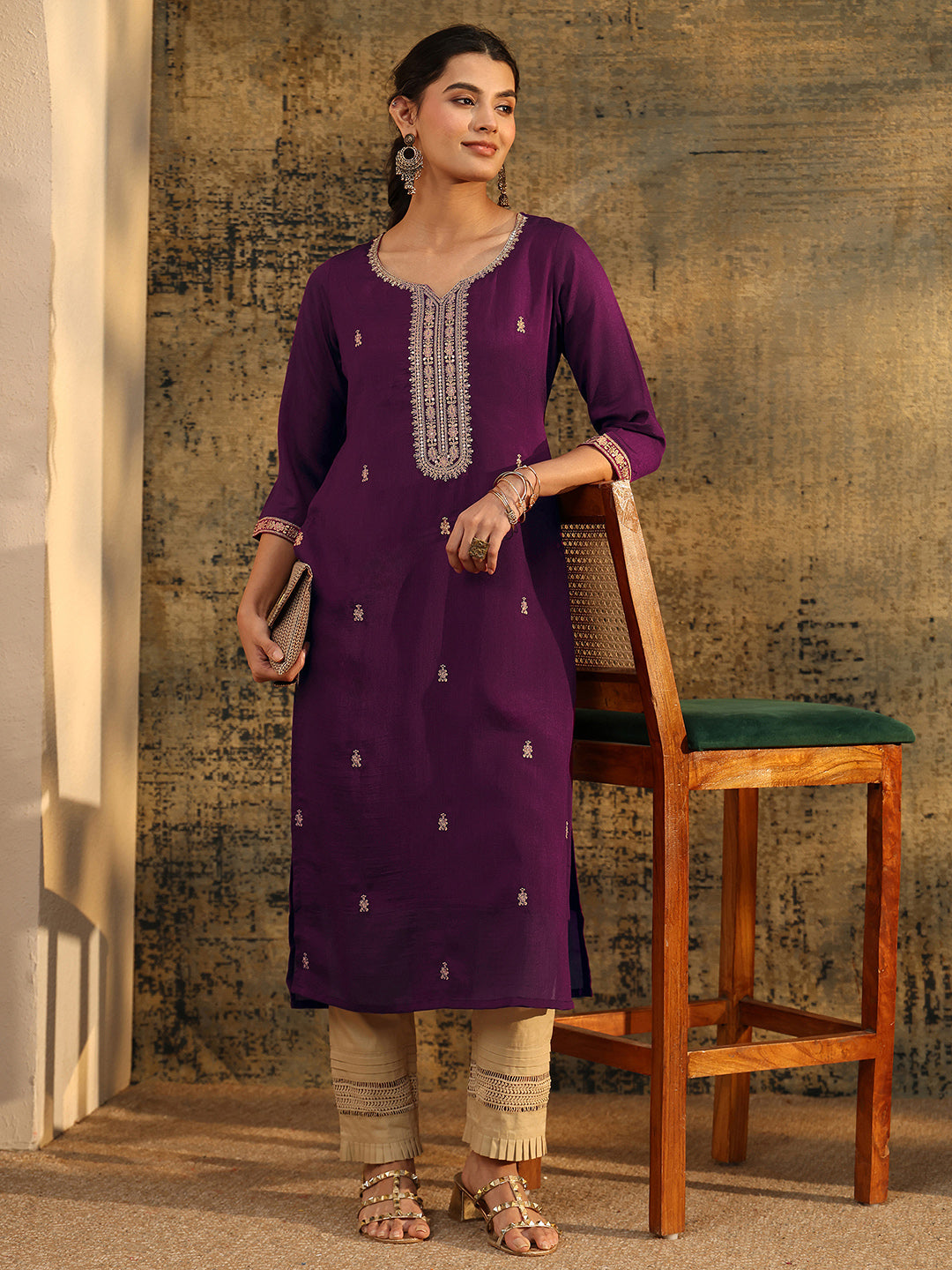 Libas Dark Purple Embroidered Silk Blend Straight Kurta