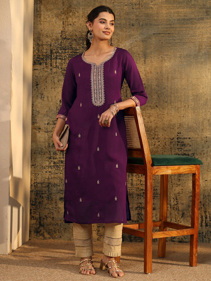 Libas Dark Purple Embroidered Silk Blend Straight Kurta