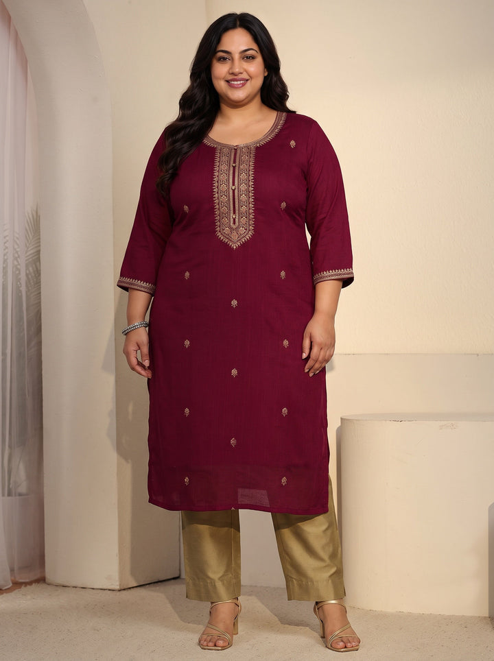Plus Size Rani Pink Floral Embroidered Silk Blend Straight Kurta