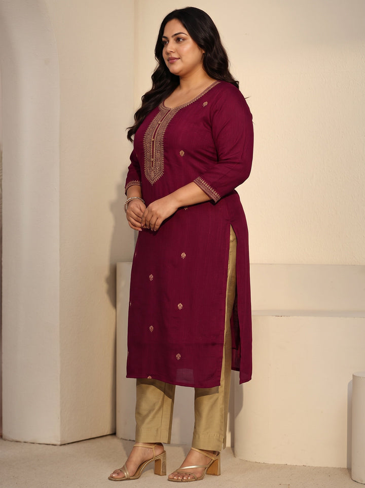 Plus Size Rani Pink Floral Embroidered Silk Blend Straight Kurta