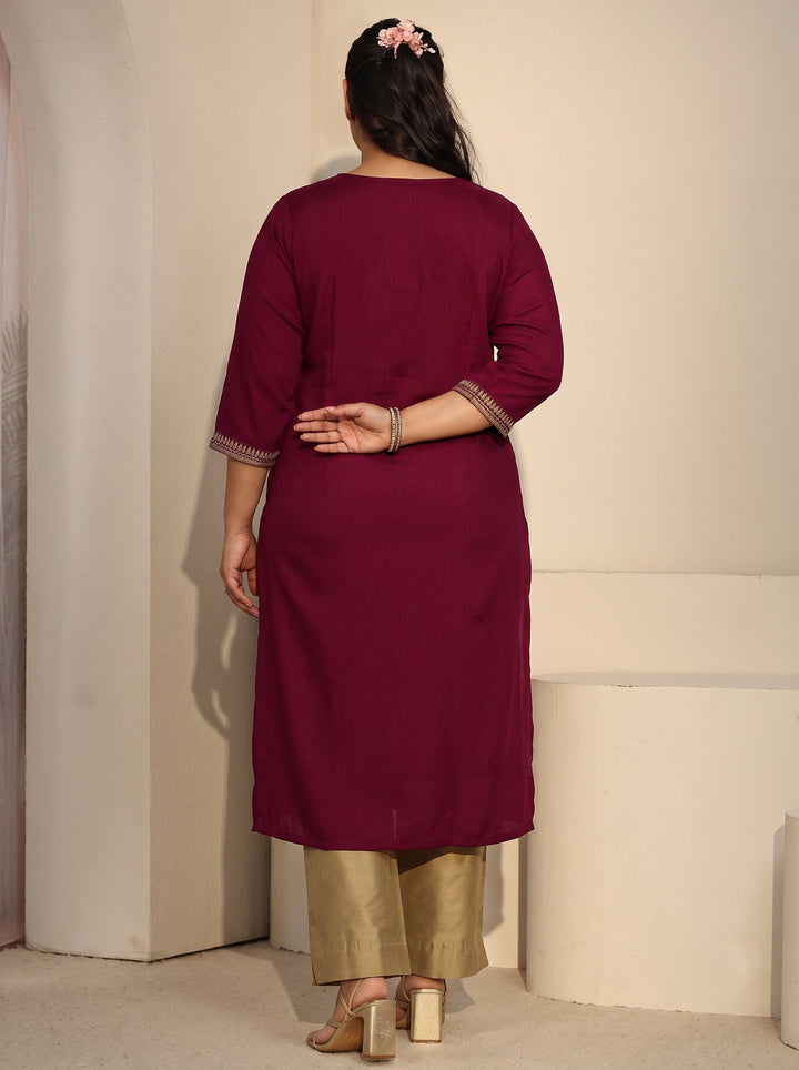 Plus Size Rani Pink Floral Embroidered Silk Blend Straight Kurta