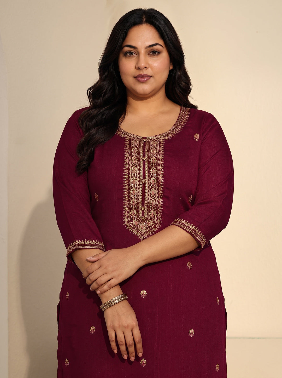 Plus Size Rani Pink Floral Embroidered Silk Blend Straight Kurta