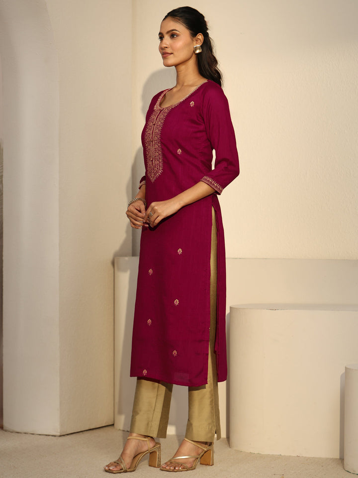 Libas Rani Pink Floral Embroidered Silk Blend Straight Kurta