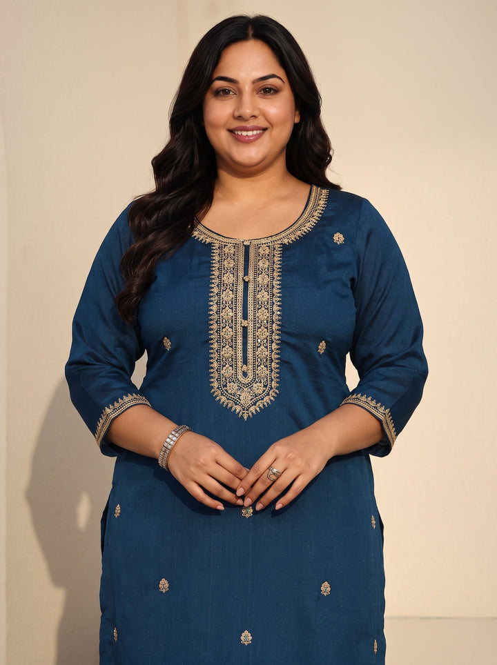 Plus Size Teal Blue Floral Embroidered Silk Blend Straight Kurta