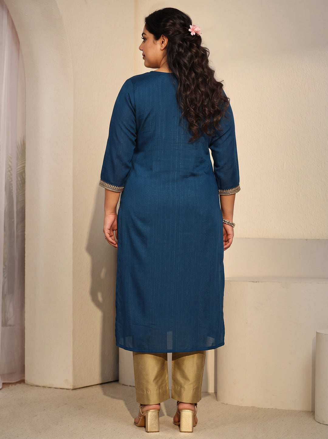Plus Size Teal Blue Floral Embroidered Silk Blend Straight Kurta
