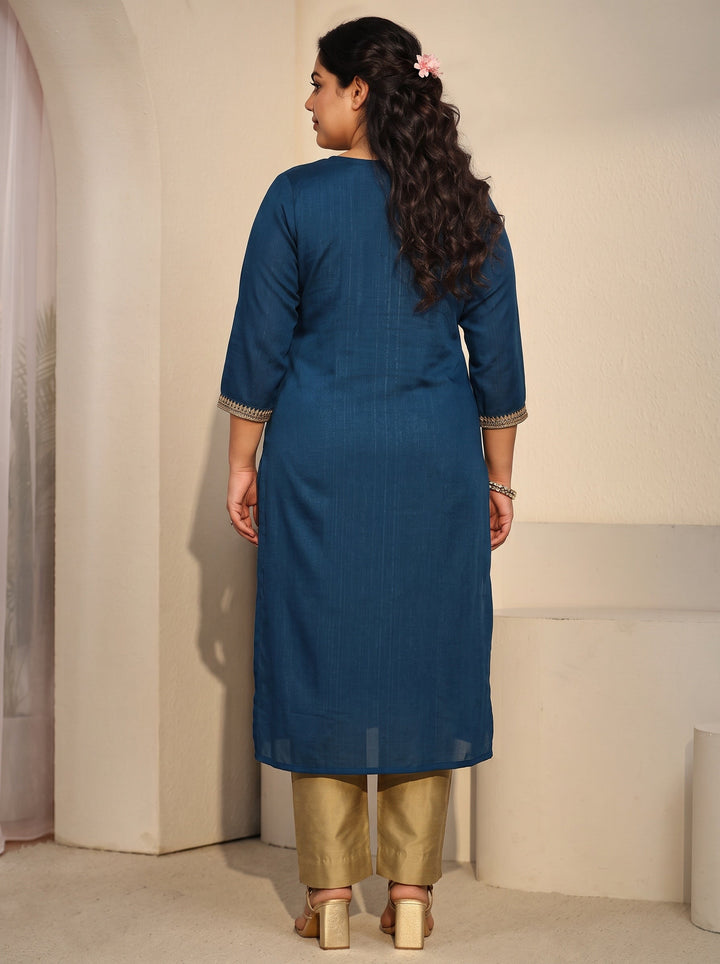 Plus Size Teal Blue Floral Embroidered Silk Blend Straight Kurta