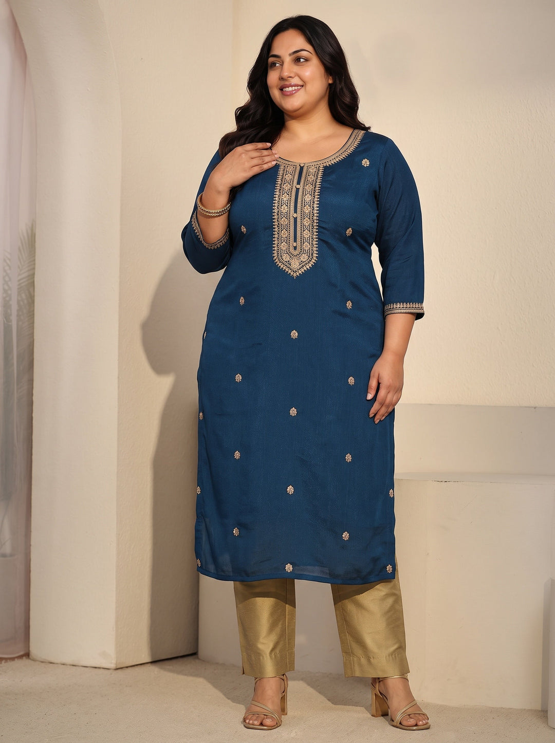 Plus Size Teal Blue Floral Embroidered Silk Blend Straight Kurta