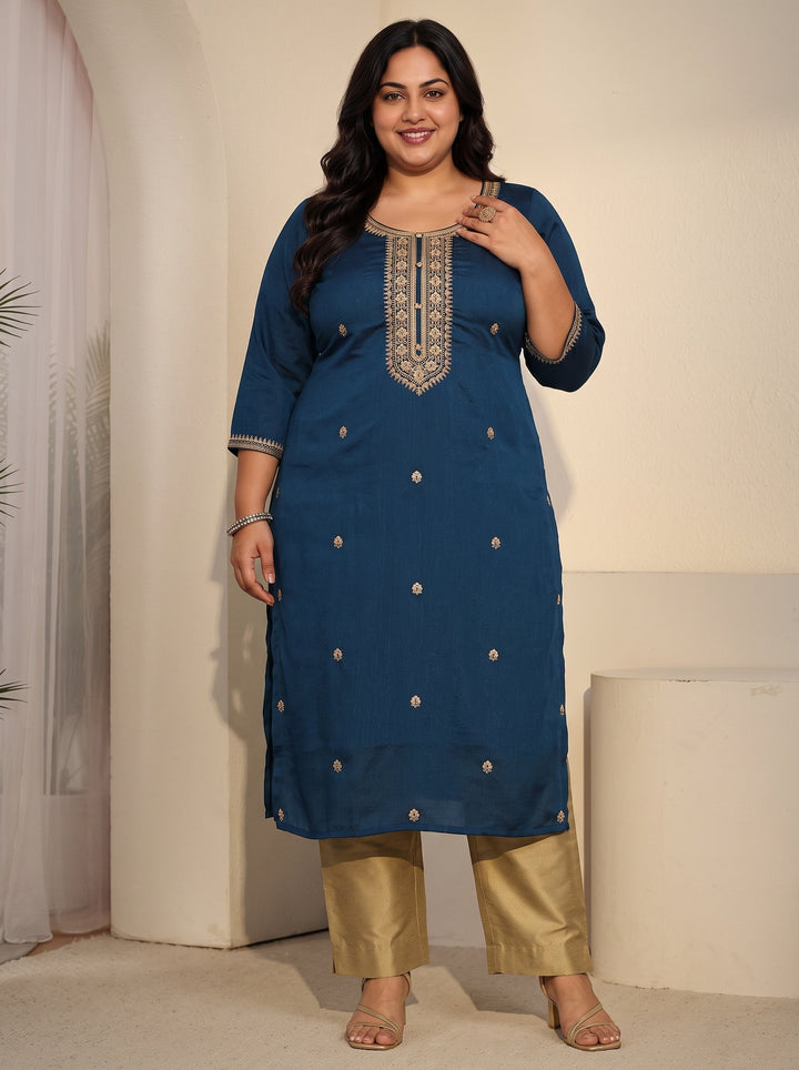 Plus Size Teal Blue Floral Embroidered Silk Blend Straight Kurta