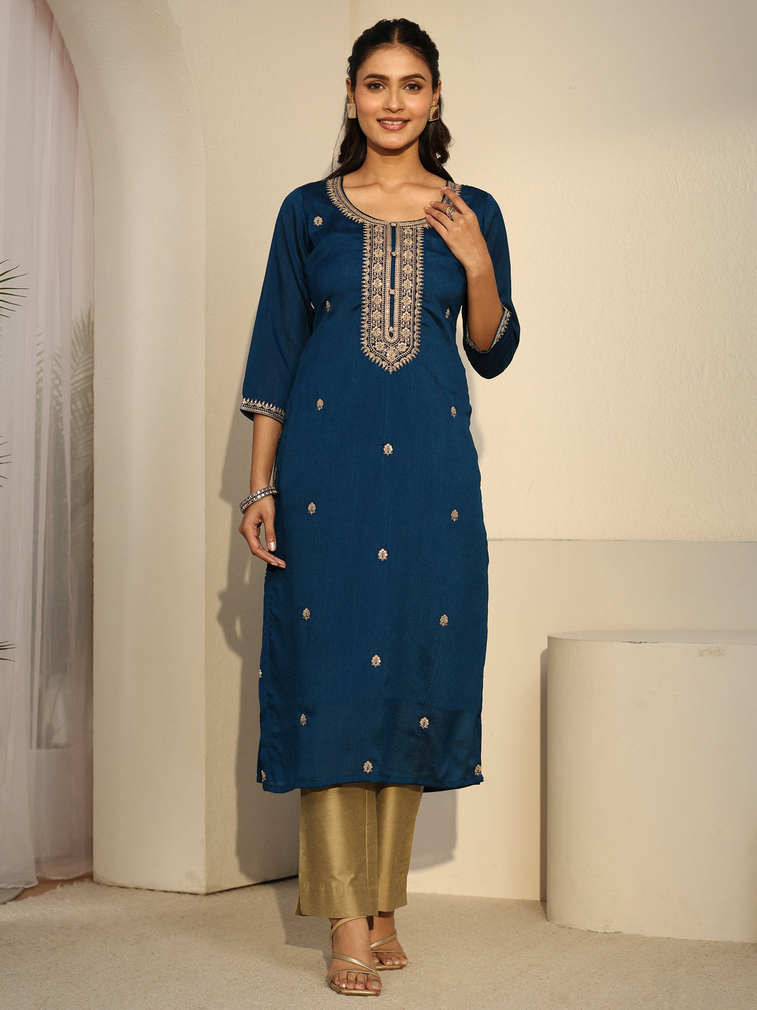 Libas Teal Blue Floral Embroidered Silk Blend Straight Kurta