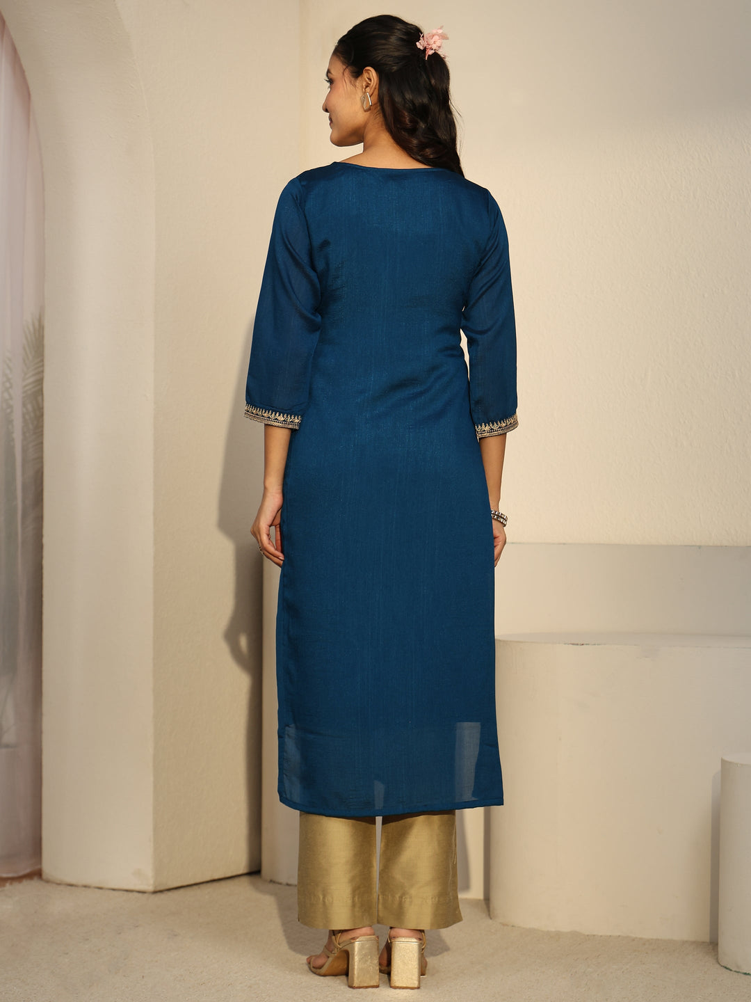 Libas Teal Blue Floral Embroidered Silk Blend Straight Kurta