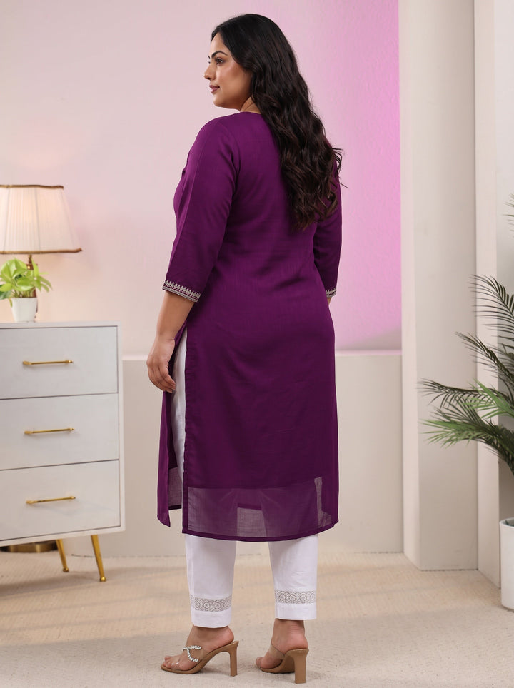 Plus Size Aubergine Purple Floral Embroidered Silk Blend Straight Kurta