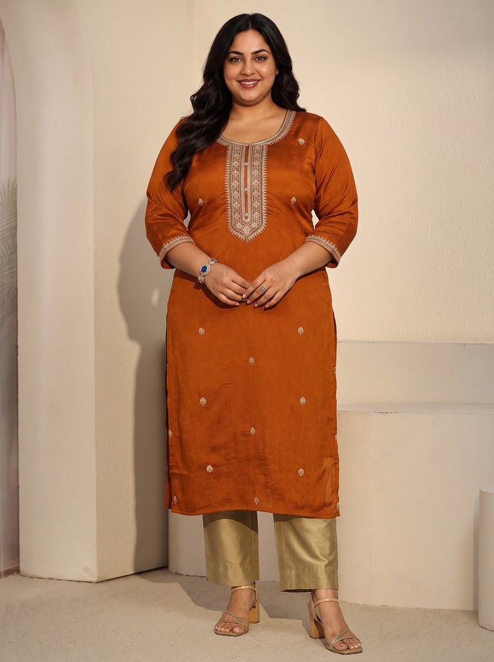 Plus Size Rust Brown Floral Embroidered Silk Blend Straight Kurta