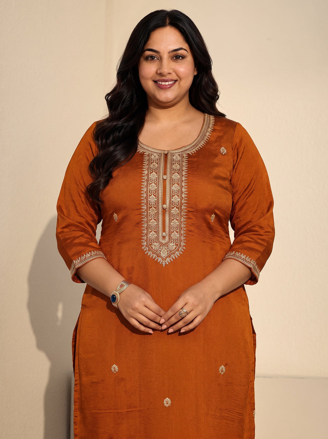 Plus Size Rust Brown Floral Embroidered Silk Blend Straight Kurta