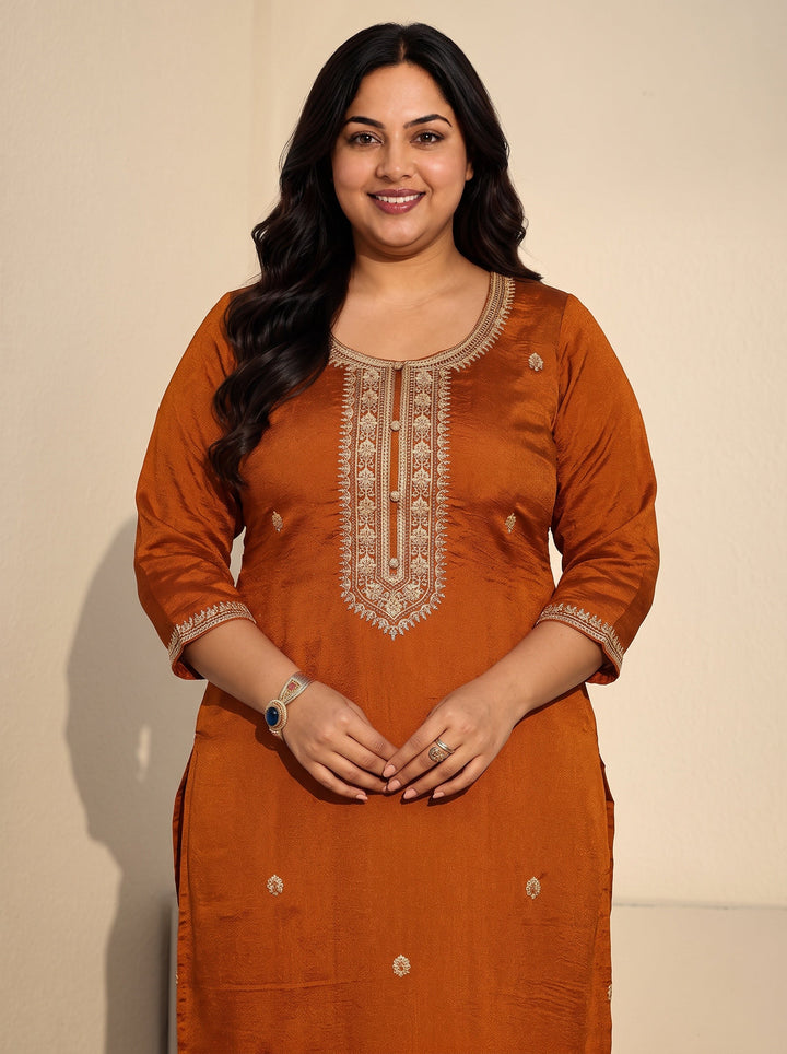 Plus Size Rust Brown Floral Embroidered Silk Blend Straight Kurta