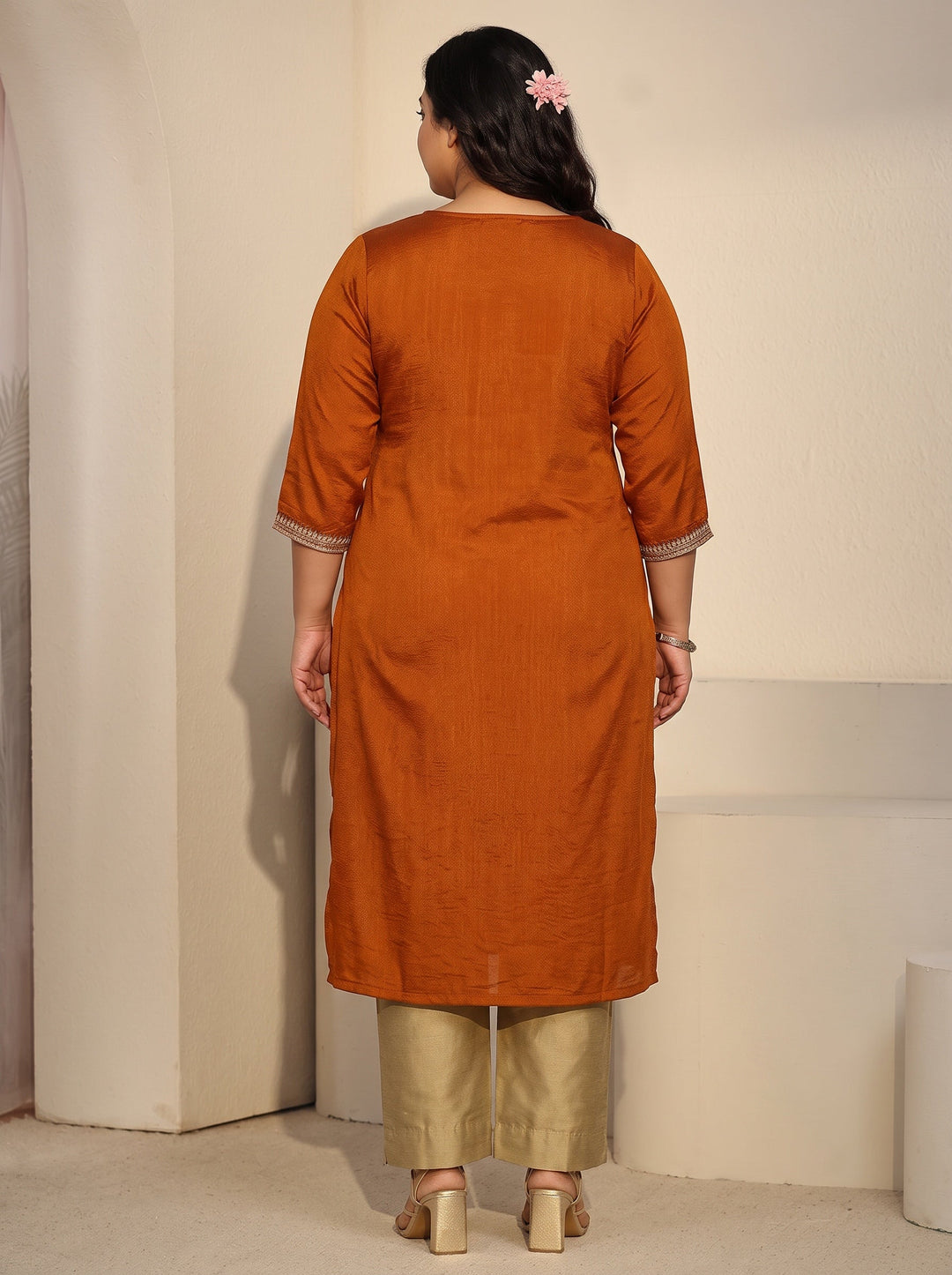 Plus Size Rust Brown Floral Embroidered Silk Blend Straight Kurta