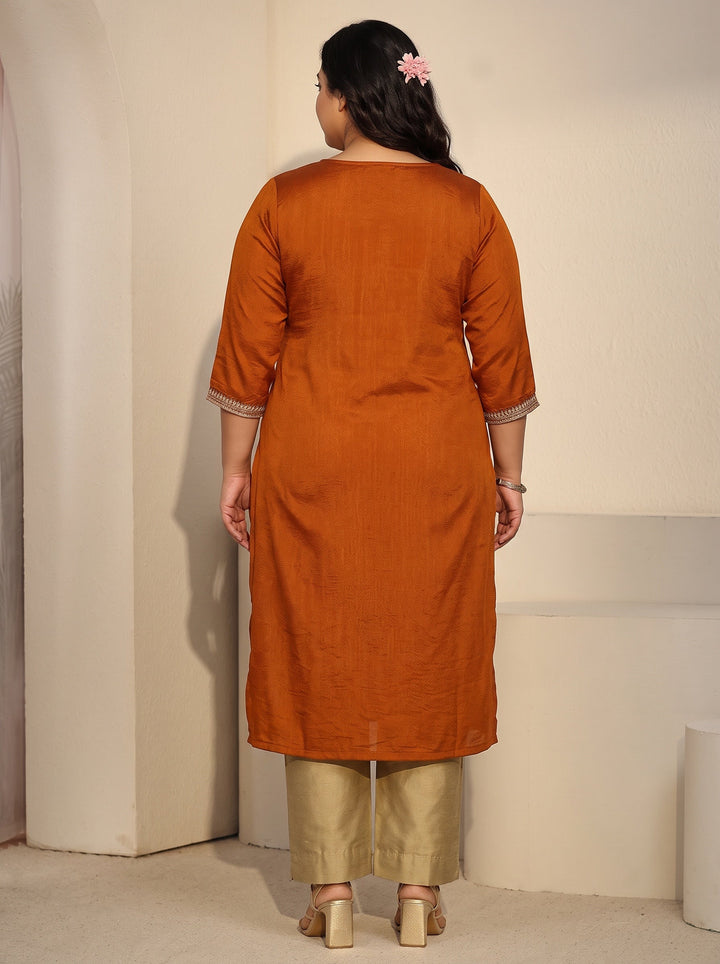 Plus Size Rust Brown Floral Embroidered Silk Blend Straight Kurta