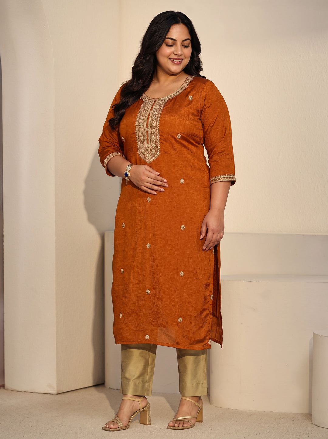 Plus Size Rust Brown Floral Embroidered Silk Blend Straight Kurta