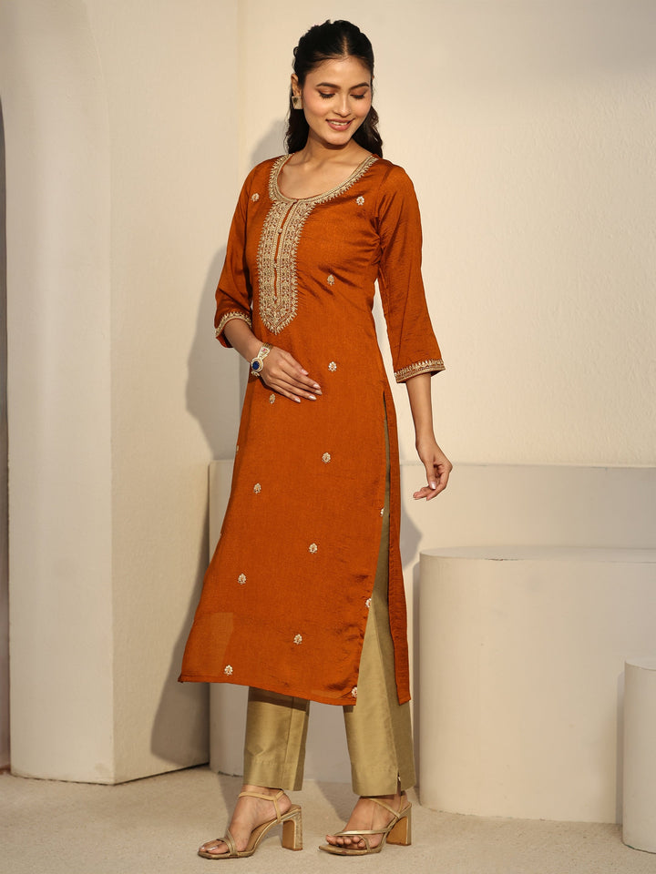 Libas Rust Brown Floral Embroidered Silk Blend Straight Kurta