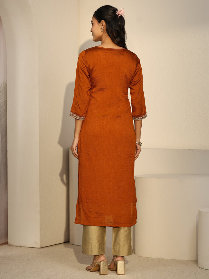 Libas Rust Brown Floral Embroidered Silk Blend Straight Kurta