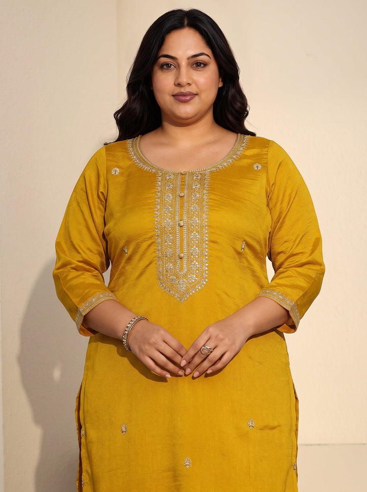 Plus Size Mustard Floral Embroidered Silk Blend Straight Kurta