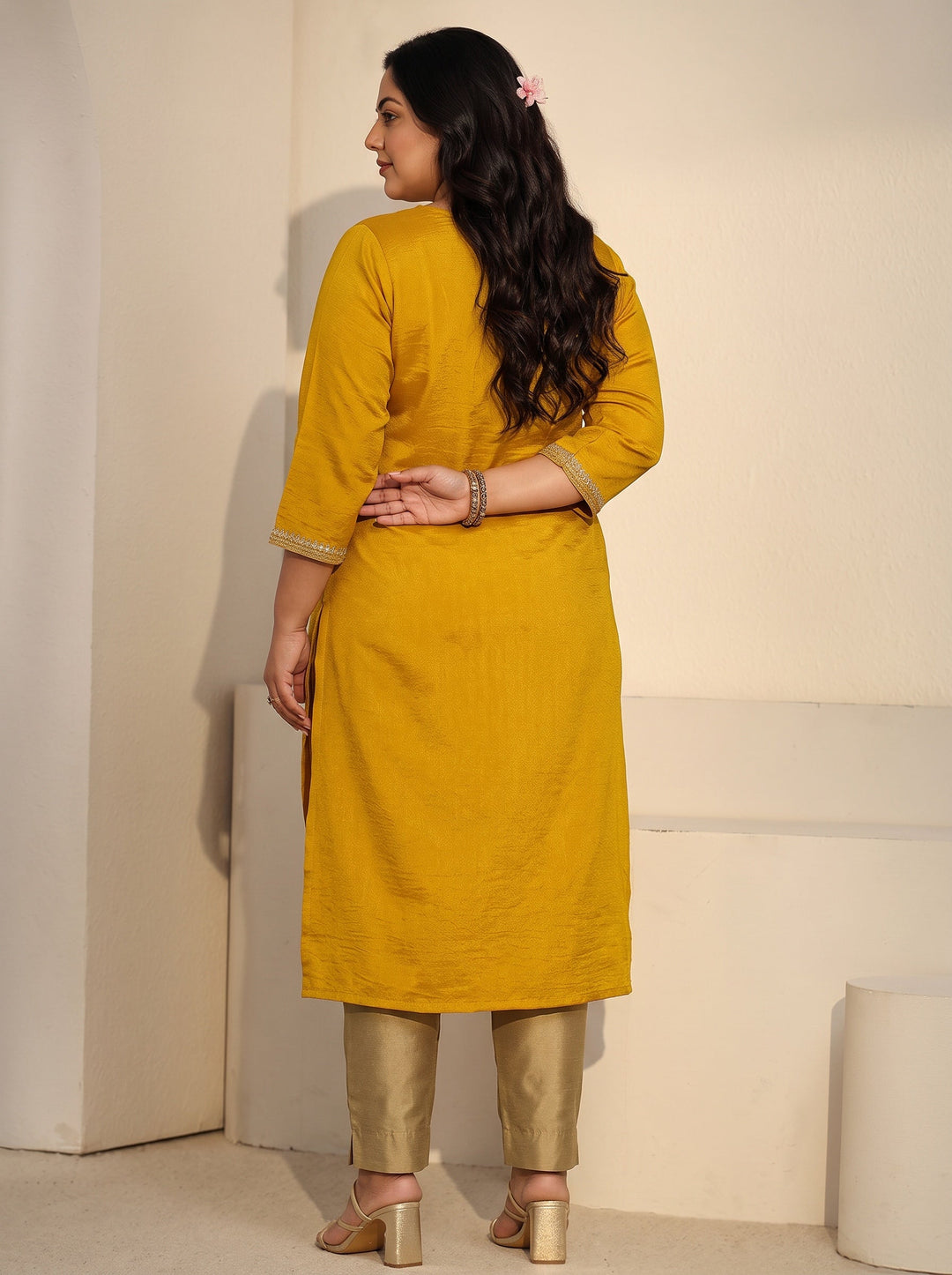 Plus Size Mustard Floral Embroidered Silk Blend Straight Kurta
