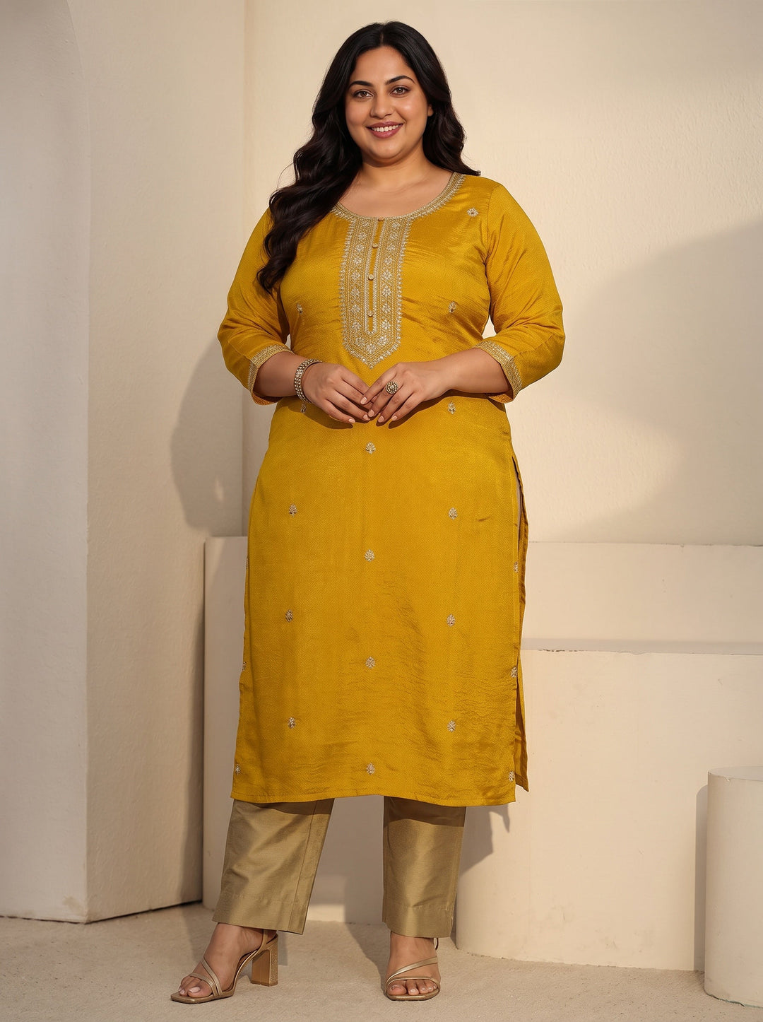 Plus Size Mustard Floral Embroidered Silk Blend Straight Kurta