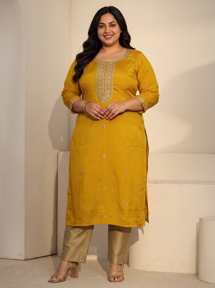 Plus Size Mustard Floral Embroidered Silk Blend Straight Kurta