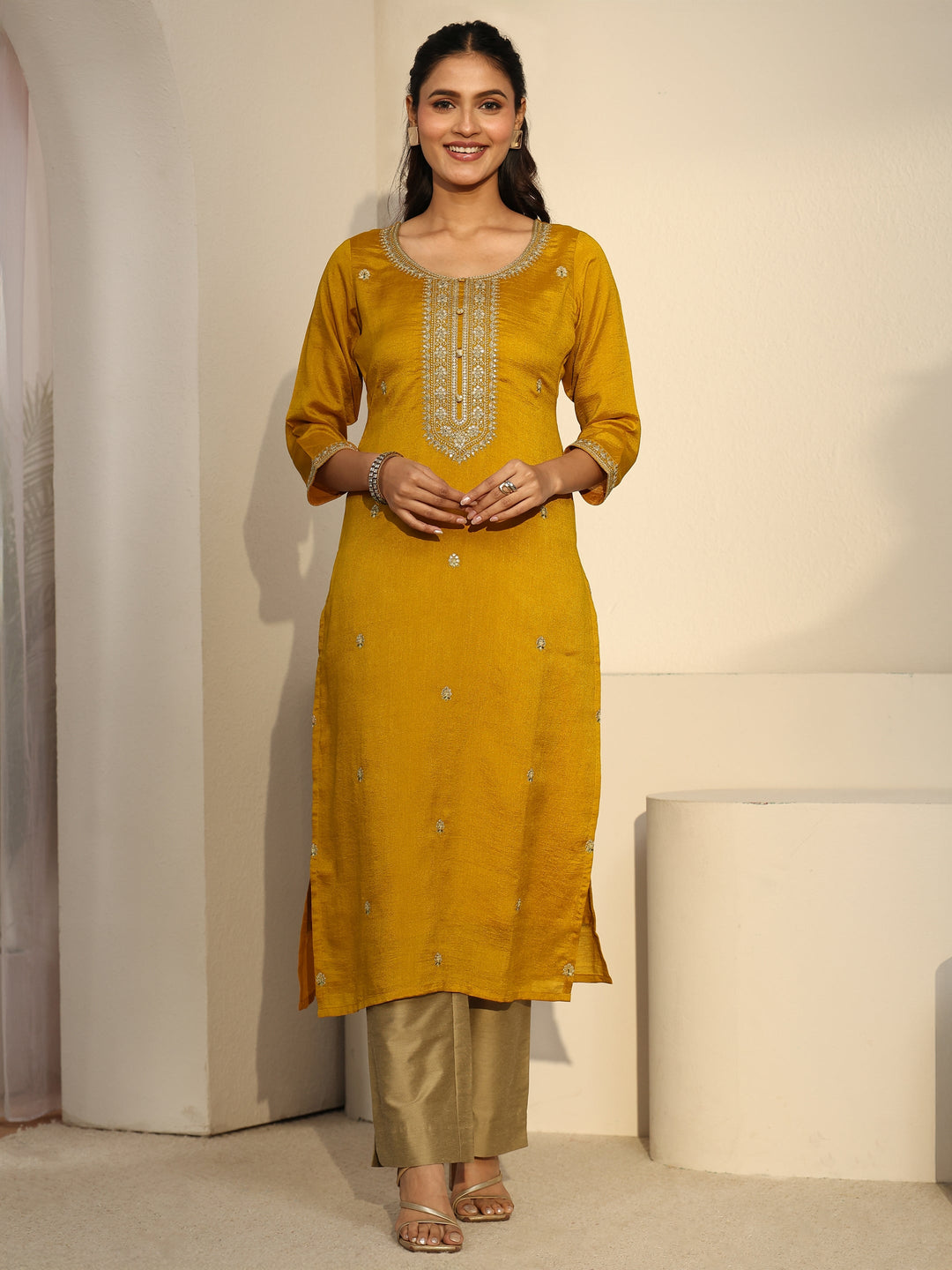Libas Mustard Floral Embroidered Silk Blend Straight Kurta
