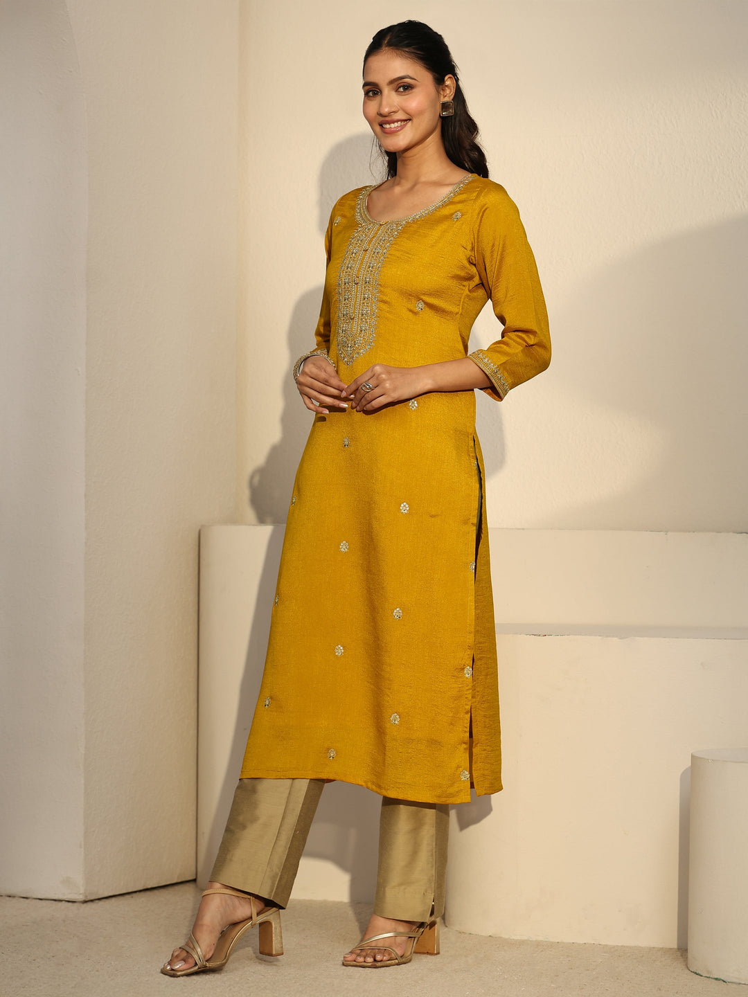 Libas Mustard Floral Embroidered Silk Blend Straight Kurta
