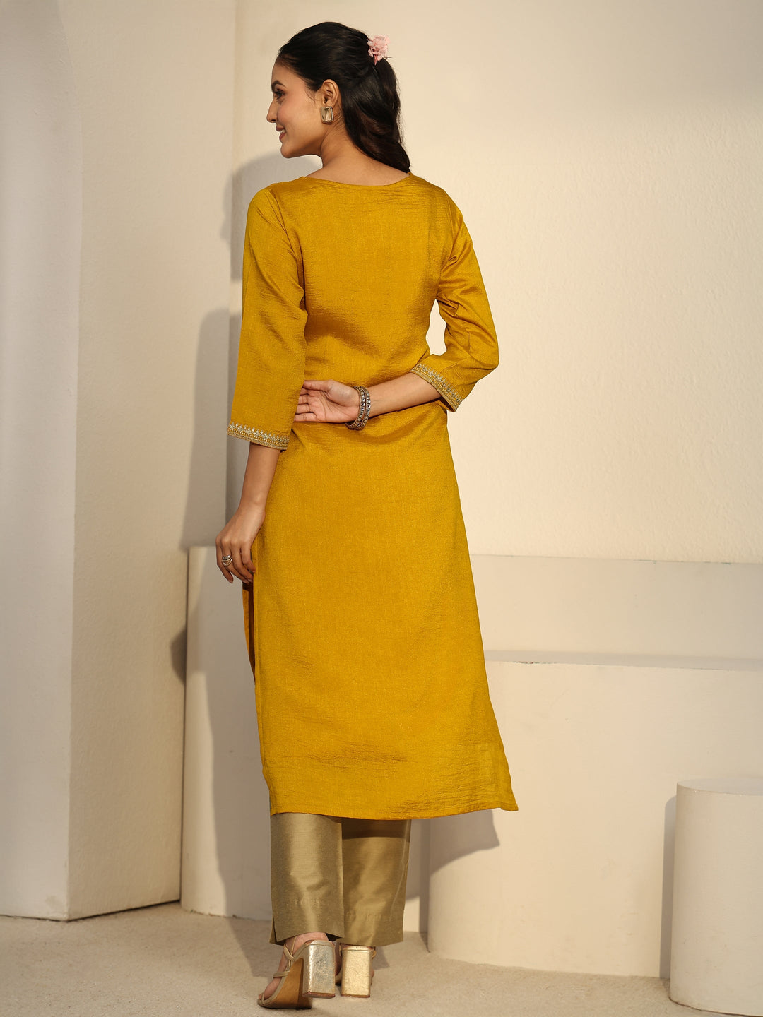 Libas Mustard Floral Embroidered Silk Blend Straight Kurta