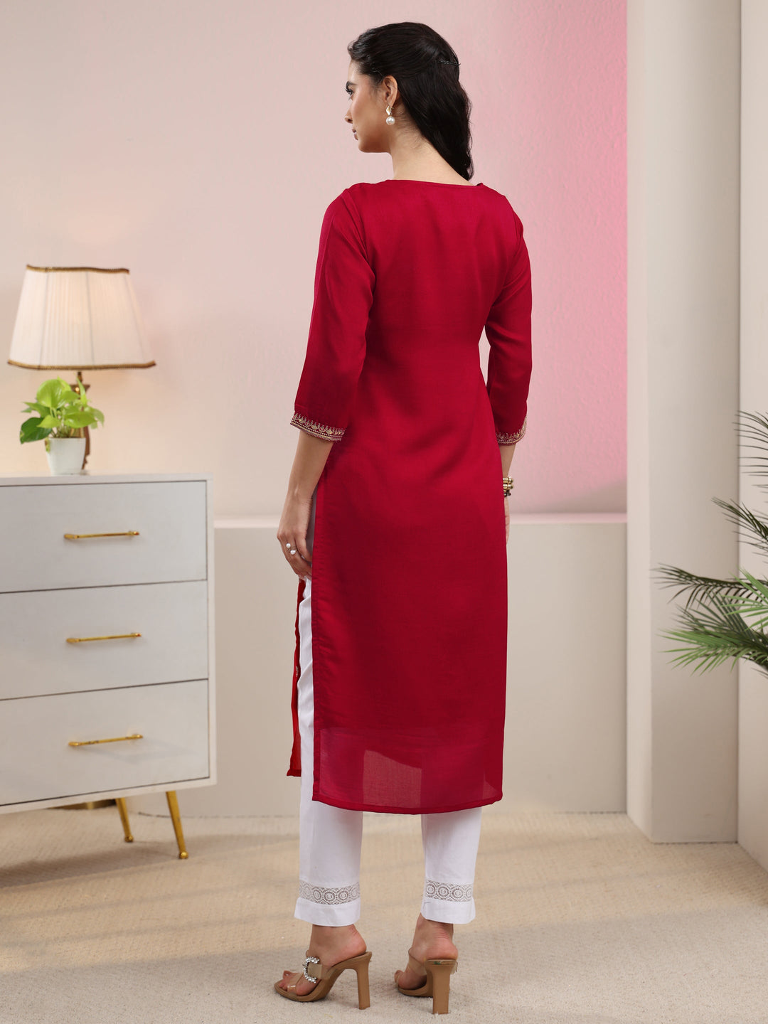 Libas Red Floral Embroidered Silk Blend Straight Kurta
