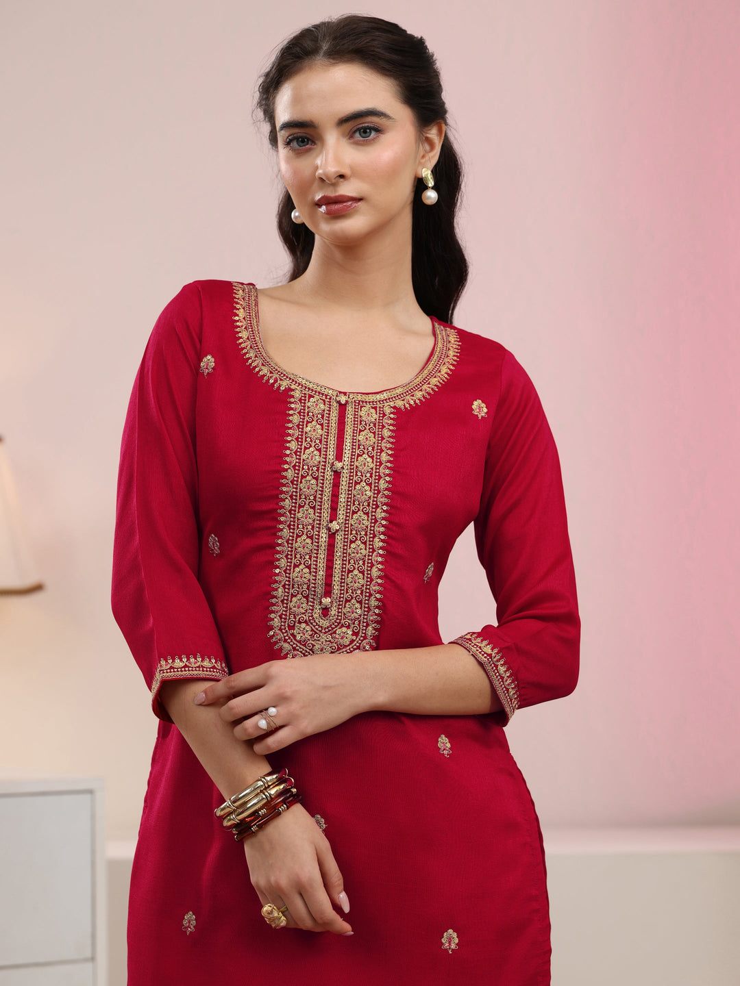 Libas Red Floral Embroidered Silk Blend Straight Kurta