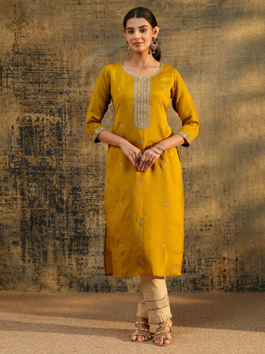 Libas Mustard Embroidered Silk Blend Straight Kurta