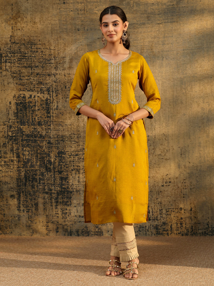 Libas Mustard Embroidered Silk Blend Straight Kurta